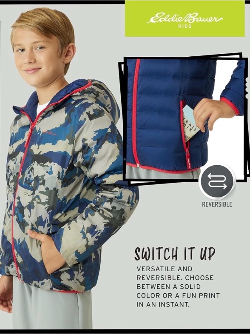 Eddie Bauer Kids Reversible Puffer Jacket in Navy and Camo with Red Trim - Picture 3 of 10